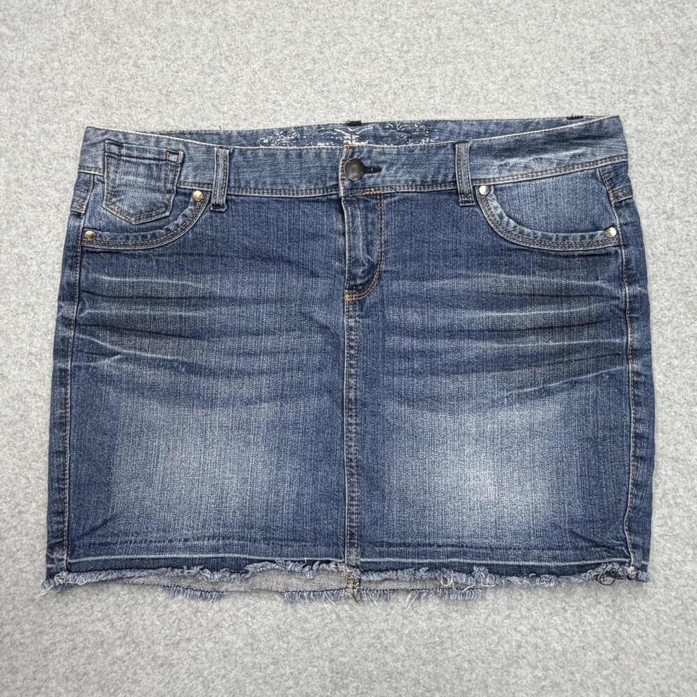 Express Skirt Womens 16 Blue Denim Mini Fringe Y2K Embroidered Stretch Pockets